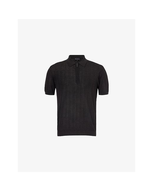 Emporio Armani Black Half-Zip Short-Sleeves Cotton-Knit Polo Shirt for men