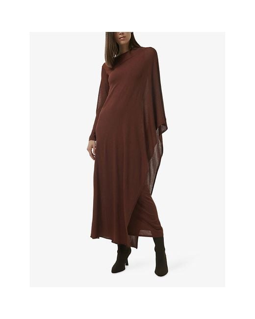 eem Brown Asymmetric-Sleeve Knitted Maxi Dress