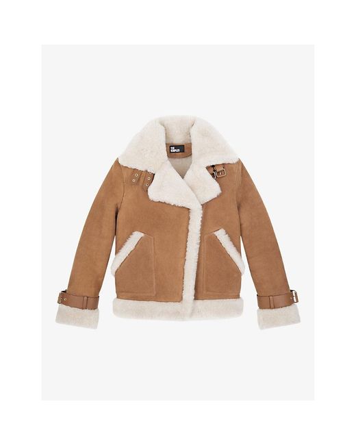 The Kooples Brown Notched-Collar Long-Sleeve Shearling Jacket
