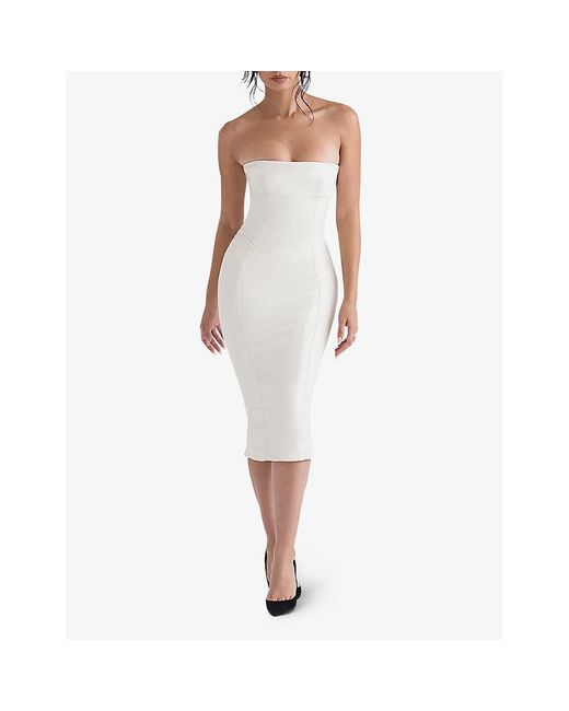 House Of Cb White Camilla Strapless Pu Leather And Cotton-blend Midi Dress
