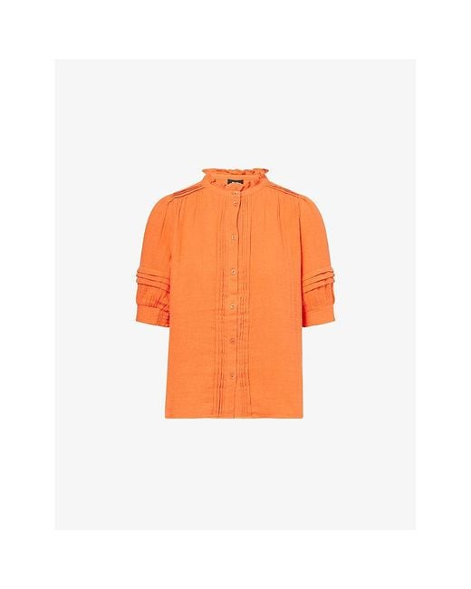 ME+EM Orange Cheesecloth-Trim Puff-Sleeve Cotton Blouse
