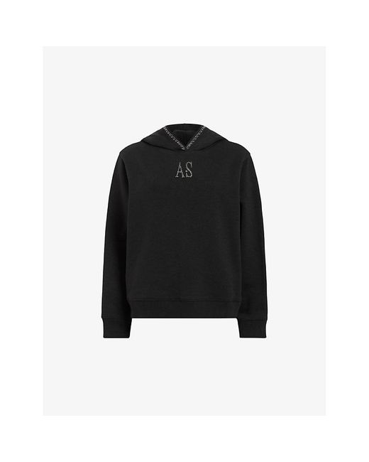 AllSaints Black Pippa Scorpion-embroidered Relaxed-fit Organic-cotton Hoody