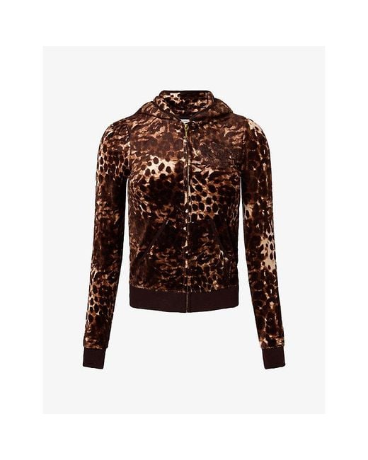 Juicy Couture Brown Embroidered-Logo Leopard-Print Velour Hoodie