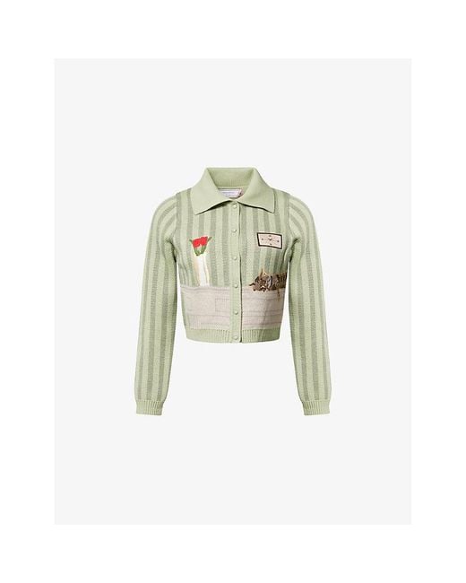 House Of Sunny Green The Sleepy Cat Striped Cotton-Blend Cardigan