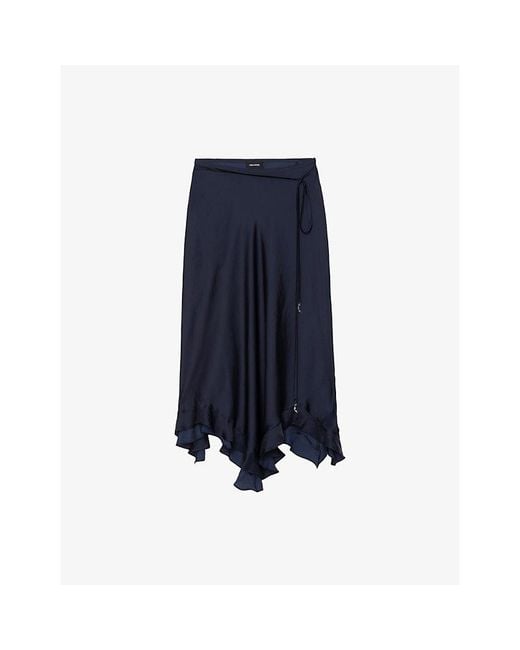 Zadig & Voltaire Blue Jeto Asymmetric-Hem Satin Midi Skirt