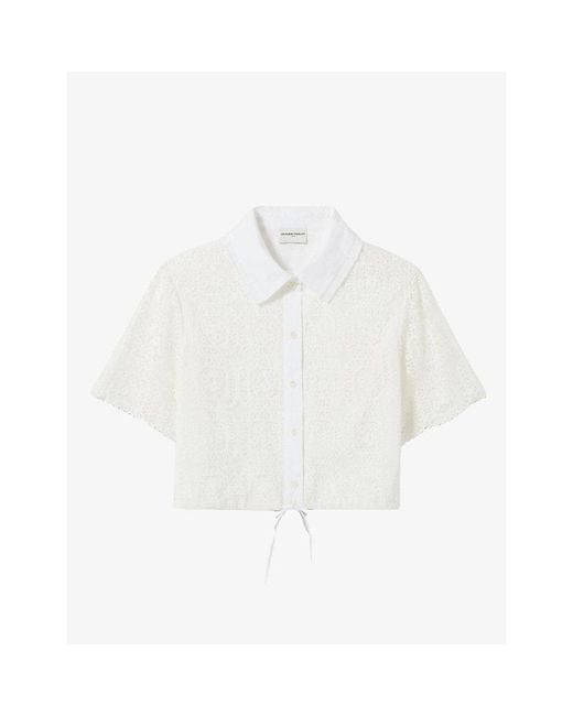 Claudie Pierlot White Cropped Lace-Embroidered Stretch-Woven Shirt