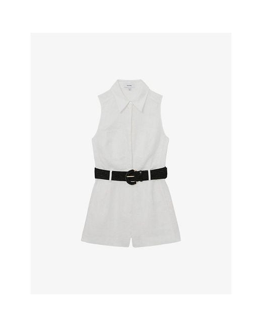 Reiss White Taylor Belted-Waist Linen Playsuit