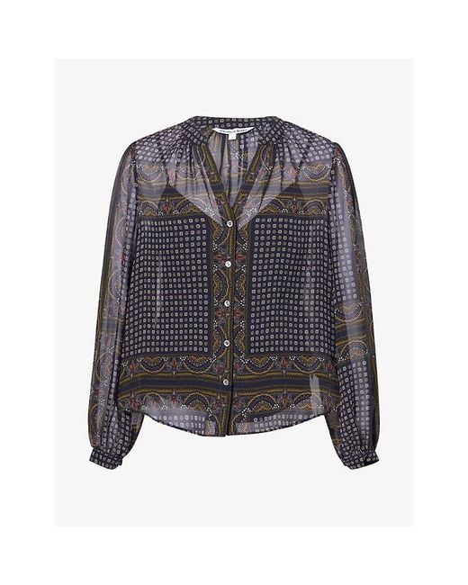 Veronica Beard Gray Scarf-Print V-Neck Silk Blouse