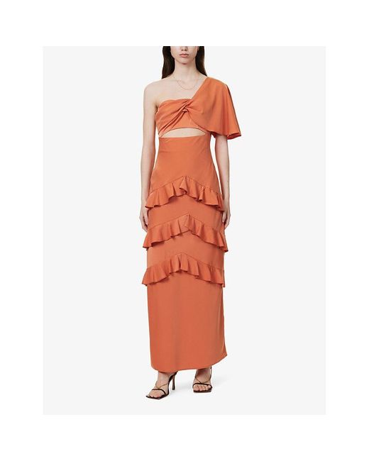 Pretty Lavish Orange Romilly One-shoulder Cut-out Printed Satin Maxi Dress