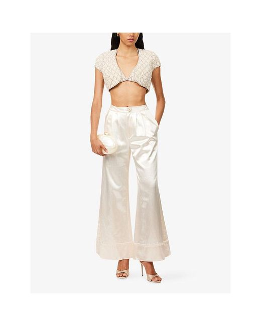 GRACE FAENA Natural Pearl And Crystal-Embellished Cropped Satin Jacket
