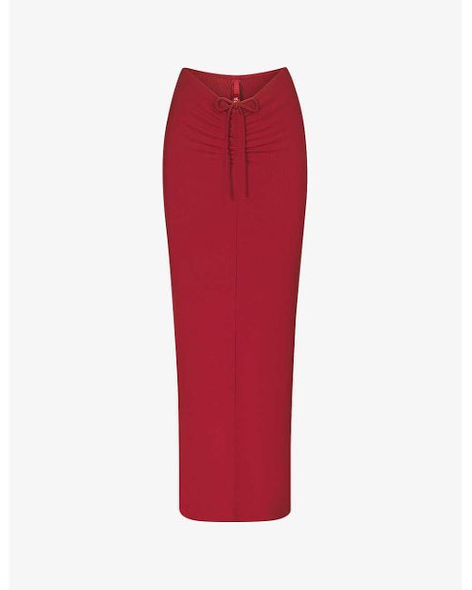Skims Red Soft Lounge Ruched-front Stretch-jersey Maxi Skirt