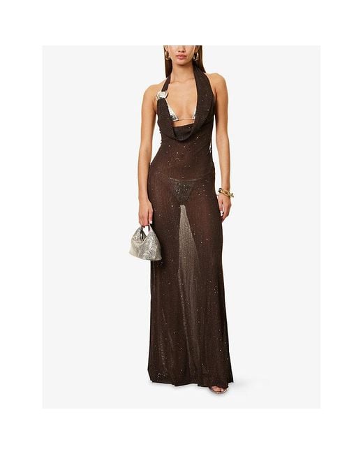 Jaded London Moara Plunge-Cowl Neck Stretch-Knit Maxi Dress in Brown | Lyst