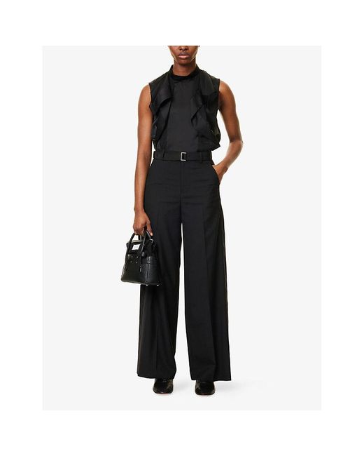 Sacai Black Ruffle-Trim Sleeveless Chiffon Top