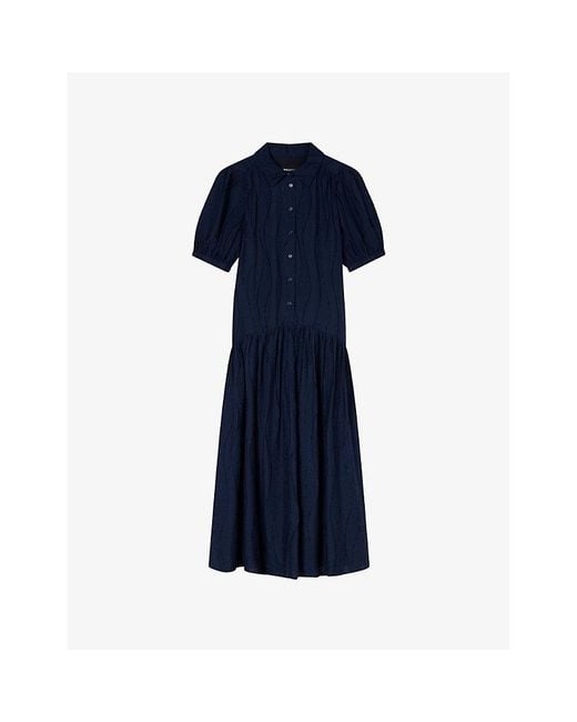 Whistles Blue Textured Dropped-Waist Knitted Midi Dress
