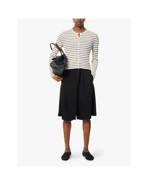 Theory White Stripped Cropped Linen-Blend Knitted Cardigan