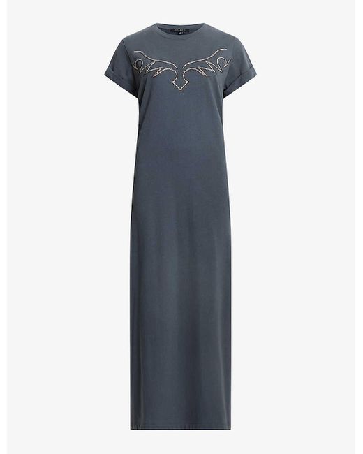 AllSaints Blue Randal Anna Western-embroidered Relaxed-fit Organic-cotton Maxi Dress