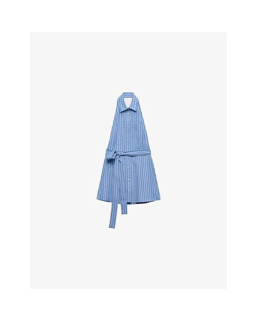 Prada Blue Sleeveless Striped Cotton-Poplin Mini Shirt Dress