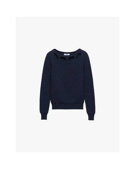 Prada Women's Blue Boat-Neck Cut-Out Cotton Knitted Sweater
