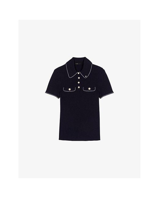Maje Blue Flap-Pocket Ribbed Stretch-Knit Polo Shirt