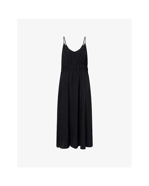 Theory Black Gathered V-Neck Woven Maxi Dress