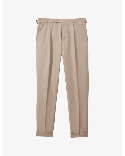 Reiss Natural Com Front-pleat Straight-leg Cotton And Linen-blend Trousers for men