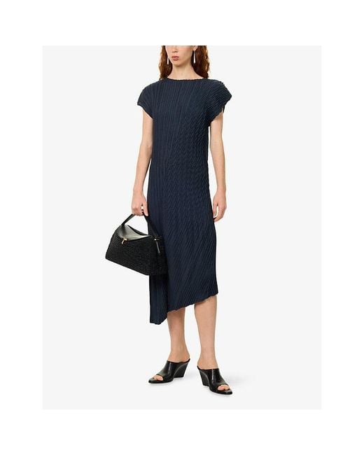 Issey Miyake Blue Unfurling Pleats Asymmetric Knitted Midi Dress