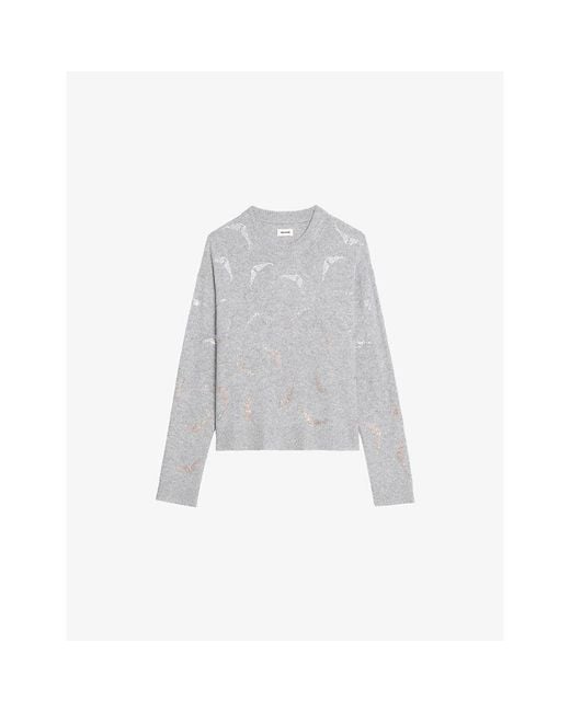 Zadig & Voltaire White Markuz Rhinestone-Embellished Cashmere Jumper