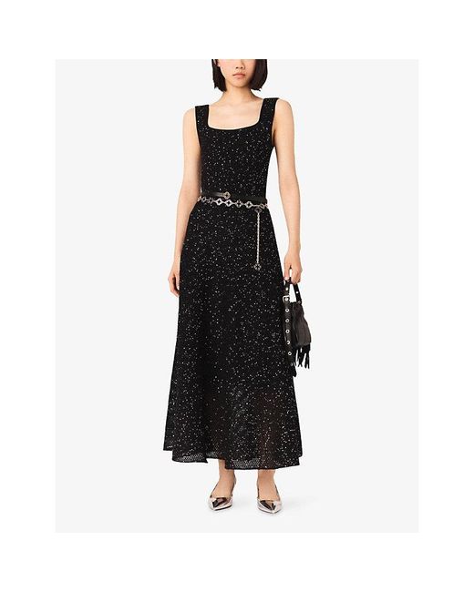 Maje Black Square-Neck Rhinestone-Embellished Knitted Maxi Dress