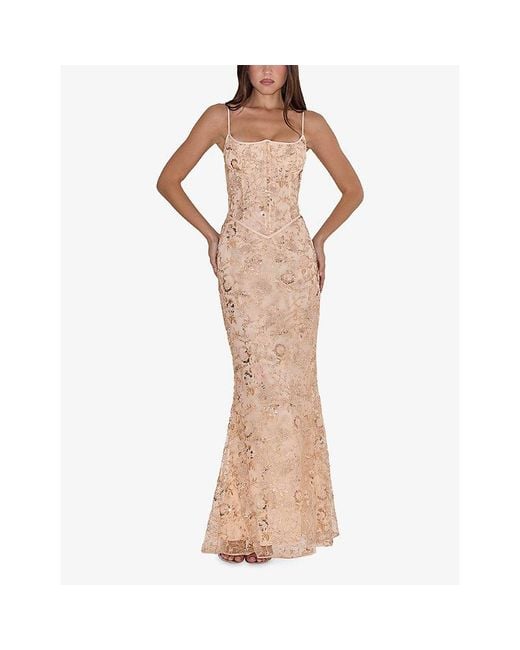 House Of Cb Natural Naima Embellished Mesh Maxi Dress