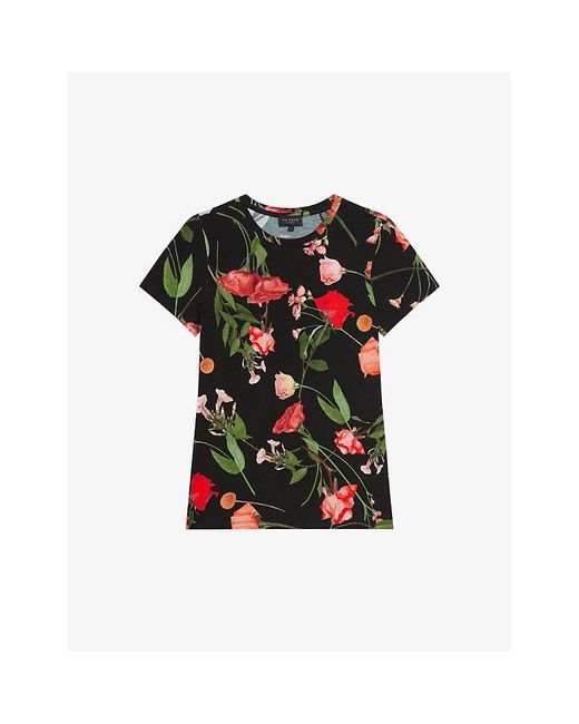 Ted Baker Black Treyya Floral-print Short-sleeve Stretch-woven T-shirt