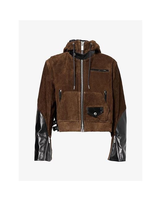 Sacai Brown Panelled Leather And Suede Hoody