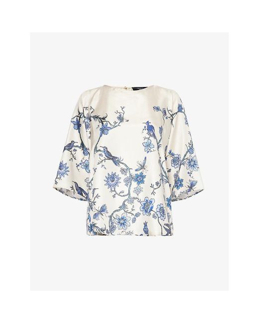 Weekend by Maxmara Blue Floral-print Relaxed-fit Silk-satin Top