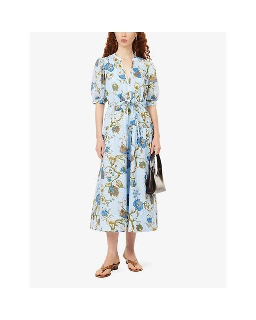 ME+EM Blue Floral-Print Drawstring-Waist Cotton Midi Dress