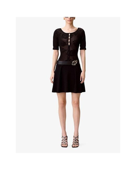 Claudie Pierlot Black Floral-Motif Short-Sleeve Knitted Dress