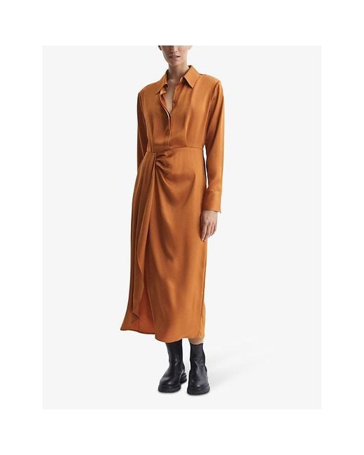 Reiss Brown Arabella Draped Satin Midi Shirt Dress