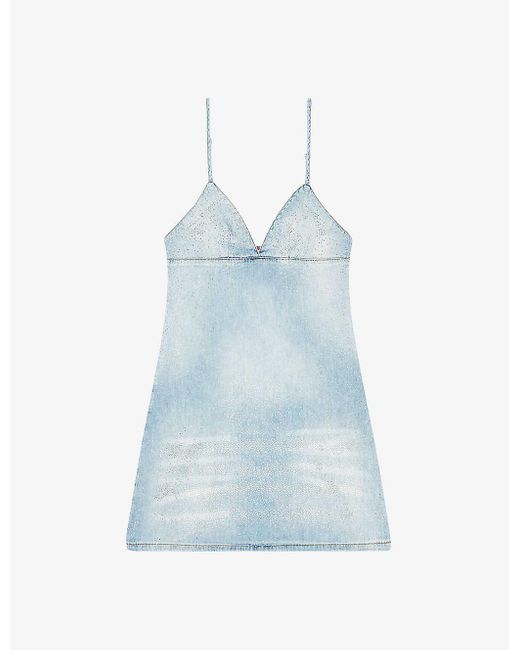 DIESEL Blue De-ver S Crystal-embellished Bleach-effect Denim Mini Dress
