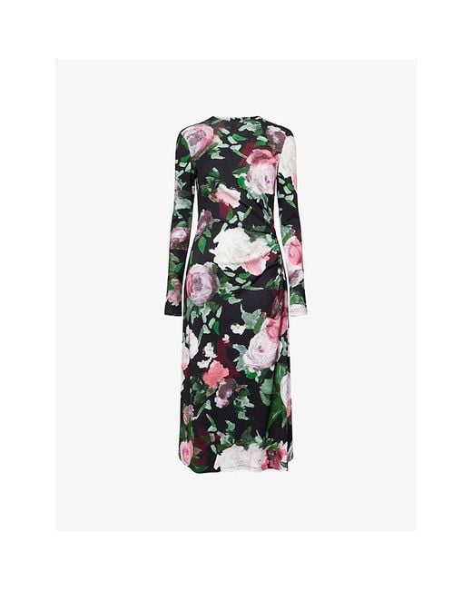 Erdem Green Floral Draped Stretch-Woven Midi Dress