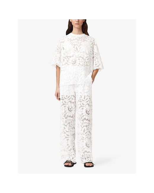 AllSaints White Amelie Lace Relaxed-Fit Stretch Cotton-Blend T-Shirt