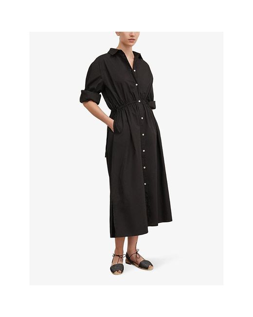 Skall Studio Black Mia Drawstring-waist Organic-cotton Midi Shirt Dress