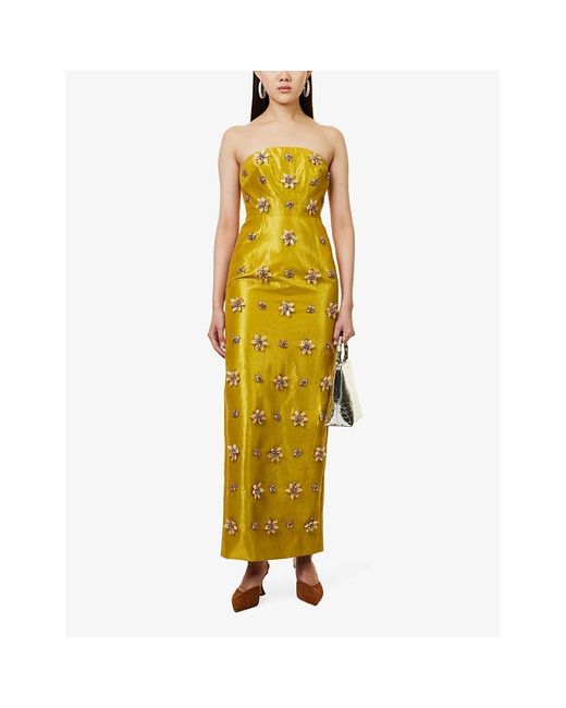 Huishan Zhang Yellow Lorena Floral-embellished Woven-blend Maxi Dress