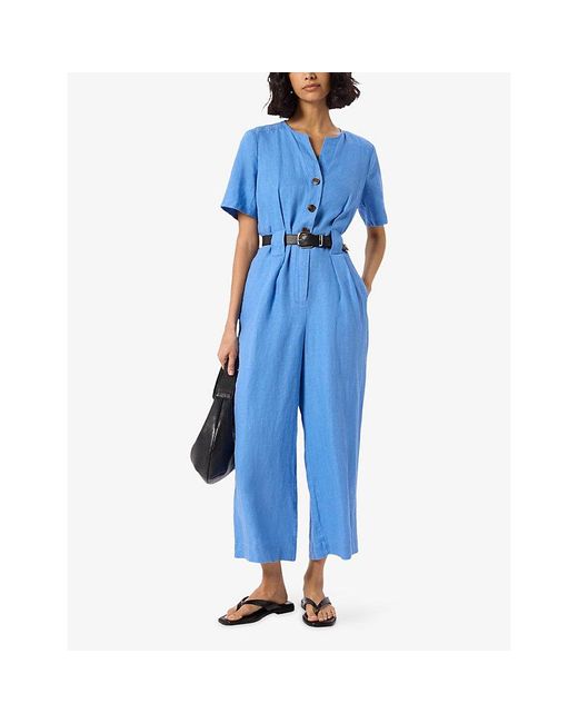 Whistles Blue Fiona Short-Sleeved Linen Jumpsuit