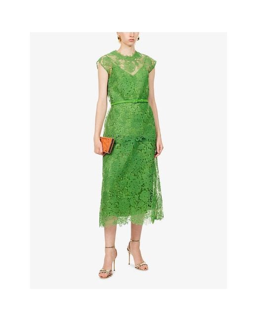 Carolina Herrera Green Semi-Sheer Embroidered Lace Midi Skirt