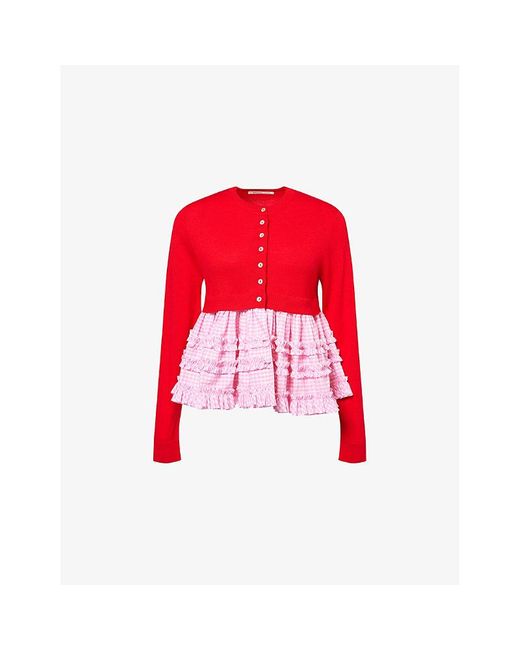 Sandy Liang Red Pawpaw Ruffle-Gingham Cotton-Wool Cardigan
