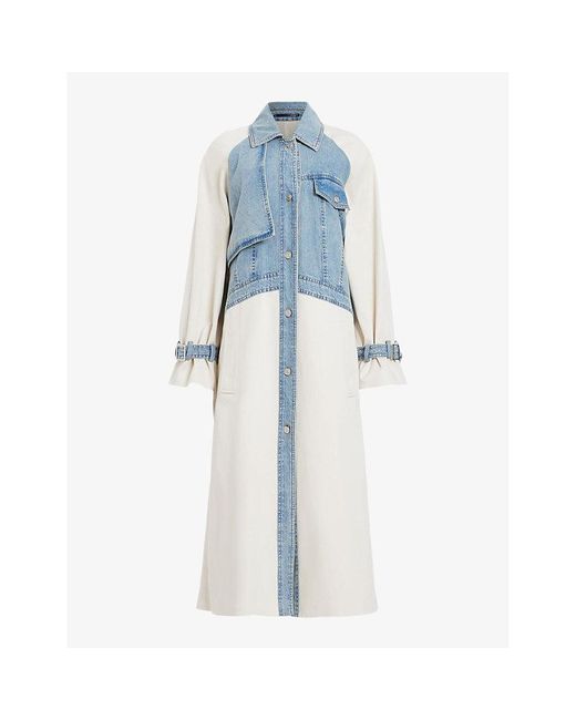 AllSaints Blue Dayly Denim-panel Relaxed-fit Stretch Organic-cotton Trench