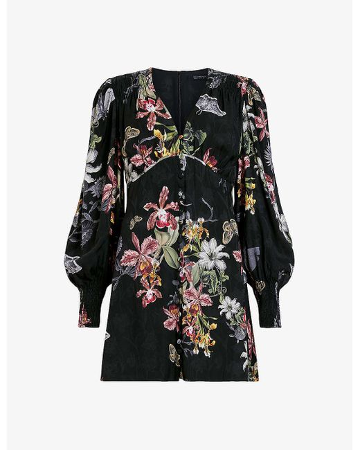 AllSaints Black Auden Sanibel Floral-print Woven Mini Dress