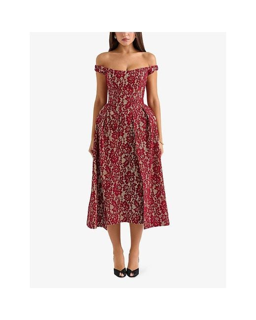 House Of Cb Red Charming Off-The-Shoulder Lace And Satin Midi Dress