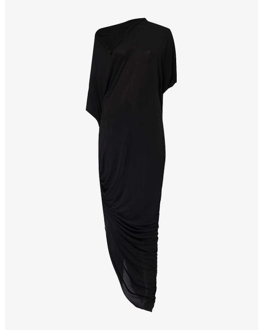 Rick Owens Black Asymmetric Drop-shoulder Stretch-woven Maxi Dress