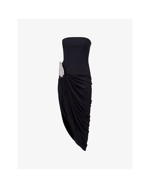 David Koma Black Crystal-Embellished Asymmetric Wool-Blend Midi Dress