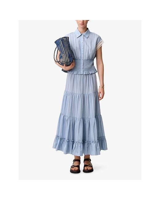 Claudie Pierlot Blue Striped Shirred-Waist Modal-Blend Shirt