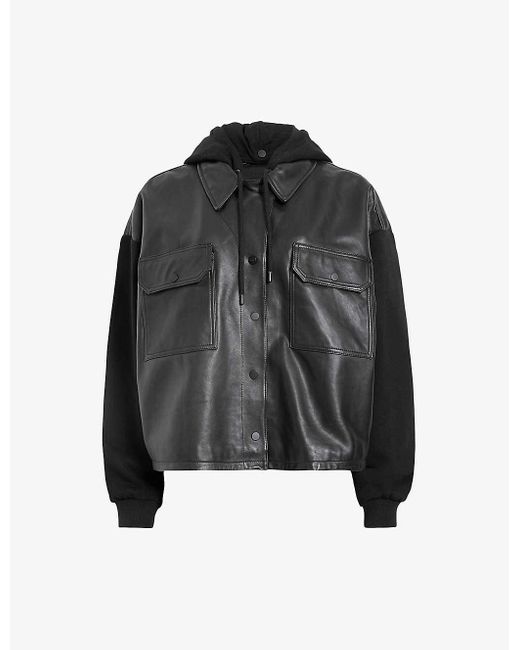 AllSaints Black Morten Lea Relaxed-fit Hooded Leather Trucker Jacket